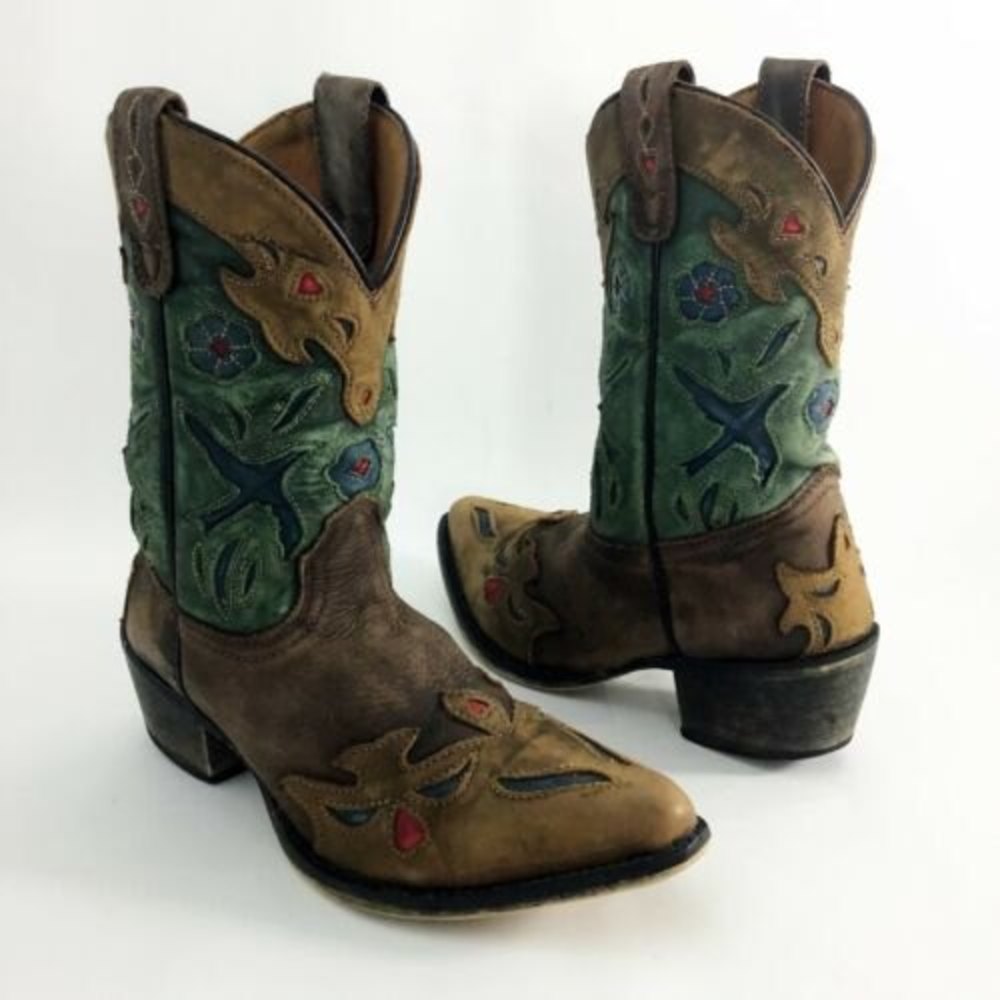 Dan Post Vtg Bluebird Chocolate Brown Teal Blue Green Cowboy Boots Kids Youth 3
